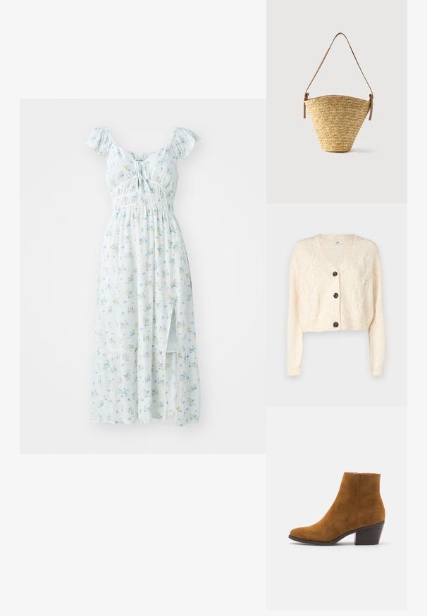 Off-white cropped cardigan van zacht breigoed, met een v-hals, kabelbreipatroon en vijf zwarte knopen aan de voorkant.; Lichtblauwe bloemen maxi-jurk met korte gerimpelde mouwen, smock-borstdelen en een zijsplit. Heeft kleine groene en gele bloempatronen.; Bruine suède enkellaars met een spitse neus en een gestapelde hak. Gladde textuur met een zijrits voor de sluiting. Klassiek ontwerp en vorm.; Gevlochten strooien bucketbag met brede basis, smalle bovenkant en verstelbare bruine leren schouderriem.