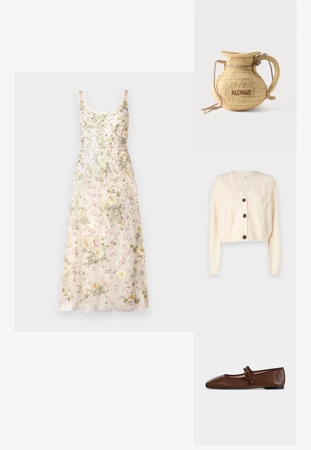 Krémový skrátený kardigan vyrobený z jemného úpletu, s výstrihom do V, vzorom z prepletenia a piatimi čiernymi gombíkmi vpredu.; Needle & Thread FLORINE SCOOP NECK BALLERINA DRESS - Oblečenie na špeciálnu príležitosť - cream; Hnedá kožená balerína Mary Jane s okrúhlou prackou a čiernou podrážkou na svetlosivom pozadí.; Okrúhla pletená taška z prútia s lanoovým uchom a výšivkou "ALEMAIS" na boku hnedou niťou.