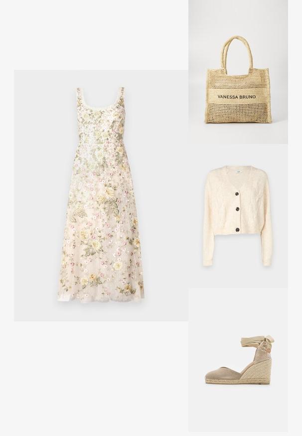 Kreemi värvi lühike kardigan, mis on valmistatud pehmest kudumise kangast, millel on V-kaelus, soonikpattern ja viis musta nööpi ees.; Needle & Thread FLORINE SCOOP NECK BALLERINA DRESS - Pidulikud riided - cream; Bež espadrille taldud, millel on tekstureeritud kangast ülaosa, koondu jute konts ja rihm, mis seob pahkluule, et tagada kindel istuvus.; Bež punutud kott kahe käepidemega, mille keskel on kindral punutud paneelil musta värviga trükitud tekst "VANESSA BRUNO".