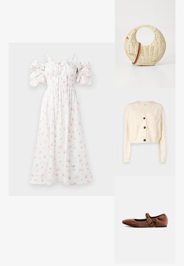 Off-white cropped cardigan lavet af blødt strikstof, med v-hals, kabelstrik mønster, og fem sorte knapper foran.; Hvid blomsterkjole med pink rosetter, smocket liv, skulderfri puffærmer og en svævende silhuet.; Bianco Mary Jane shoes BIALILJA - Ballerinasko m/ rem - dark brown; Rund flettet taske i naturligt strå med en tekstureret overflade. Har en glat brun læderrem og et cirkulært håndtag.