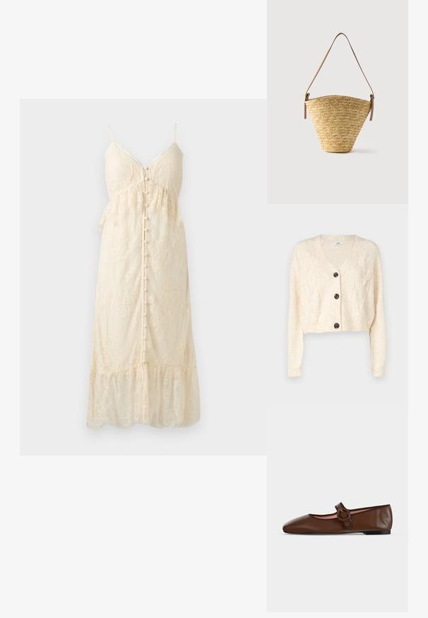 Cardigan court blanc cassé en tricot doux, avec un col en v, un motif en maille torsadée et cinq boutons noirs à l'avant.; Robe midi en dentelle crème avec fines bretelles, fermeture à boutons sur le devant, bustier près du corps et ourlet à volants sur un fond clair uni.; Chaussure plate Mary Jane en cuir marron avec bride à boucle ronde et semelle noire sur fond gris clair.; Sac seau en paille tissée avec une base large, un sommet étroit et une bandoulière en cuir marron ajustable.