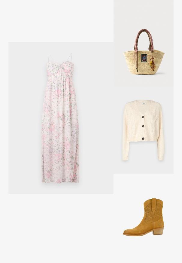 Off-white cropped cardigan van zacht breigoed, met een v-hals, kabelbreipatroon en vijf zwarte knopen aan de voorkant.; Maxi-jurk van lichtgewicht, doorschijnende stof. Heeft een bloemenpatroon in roze, paars en groen. Spaghetti-bandjes, sweetheart decolleté en geplooide details.; Felmini Cowboy-/Bikerlaarsjes - sand; Gevlochten stro tote tas met gevlochten roze en bruine handvatten, een decoratieve patch en een kralen sleutelhangertje in de vorm van een aap aan de voorkant.