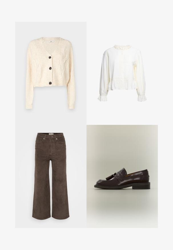 Cardigan court blanc cassé en tricot doux, avec un col en v, un motif en maille torsadée et cinq boutons noirs à l'avant.; Blouse blanche à manches longues avec col et poignets volantés, fermeture boutonnée devant et bas peplum froncé.; Pantalons larges en velours côtelé marron avec une texture en côtes, cinq poches et une fermeture à bouton à l'avant. Présente une étiquette au niveau de la taille.; Mocassin en cuir marron foncé avec pampilles, talon bas et semelle cousue, montré de profil sur un fond neutre.