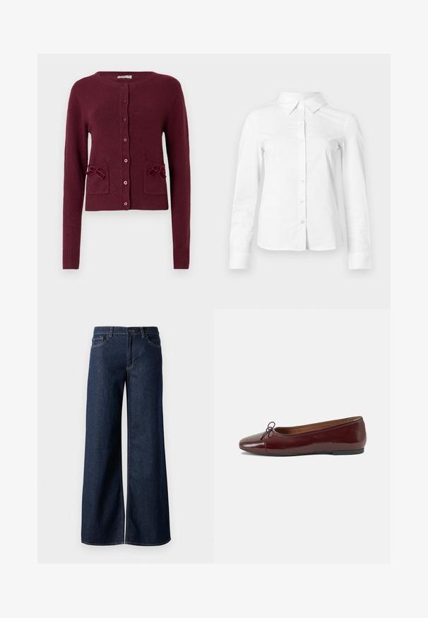 Bordeaux cardigan gemaakt van gestructureerde stof met lange mouwen, ronde halslijn, knopen aan de voorkant en twee zakken met strikaccenten.; Witte blouse met lange mouwen en knopen, met puntige kraag, rechte zoom en aansluitende silhouet, weergegeven op een effen lichte achtergrond.; Stijlen met wijde pijpen in donkerblauw denim. Kenmerkt zich door contrasterende stiksels, vijf zakken en een knoopsluiting in de taille. Soepele textuur.; Bordeaux gepatenteerd lederen ballerina met een ronde neus, een klein strikaccent aan de voorkant en een lage, zwarte rubberen zool. Glad textuur.