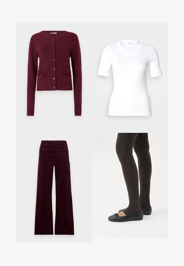 Bordeaux cardigan gemaakt van gestructureerde stof met lange mouwen, ronde halslijn, knopen aan de voorkant en twee zakken met strikaccenten.; Wit T-shirt met korte mouwen van glad katoen, met een ronde halslijn en een aangesloten pasvorm. Klassiek ontwerp, zonder patronen of accenten.; Bordeauxrood corduroy wijde pijpen broek met een hoge taille, voorzien van een ritssluiting, knoopsluiting en zijzakken. Soepele textuur met verticale ribbels.; Benen met donkere geribbelde leggings gecombineerd met zwarte ballerina's met kleine strikdetails op een witte achtergrond.