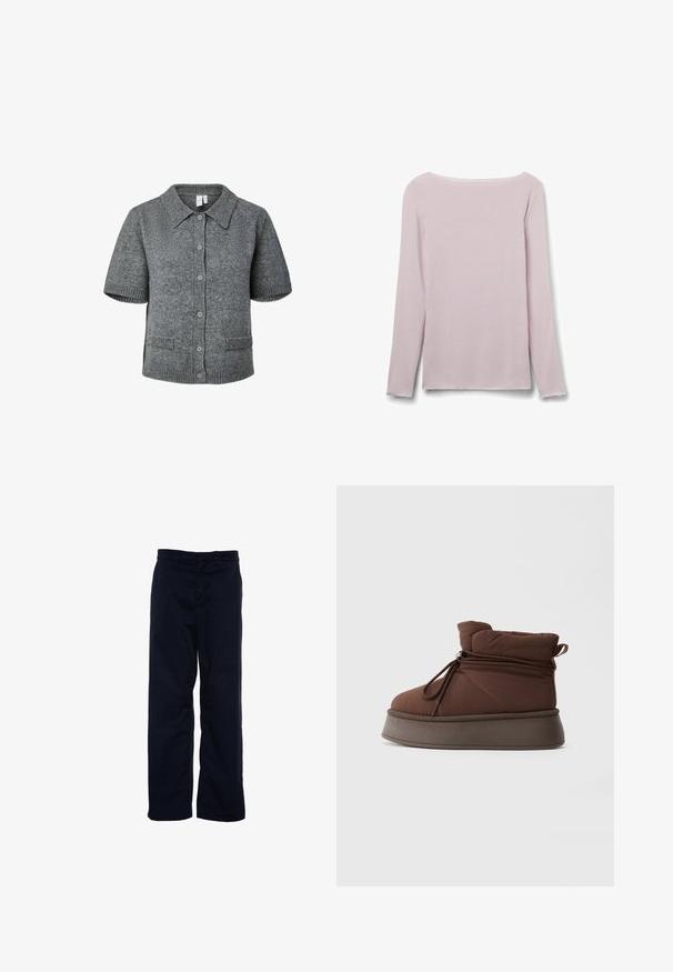 Grijze kortärmelig gebreide cardigan met kraag, knopen aan de voorkant, geribde manchetten en zoom, en twee voorzakken op een witte achtergrond.; Lichtroze shirt met lange mouwen, boothals, aangesloten ontwerp en effen textuur, getoond op een witte achtergrond.; Navy blauwe katoenbroek met een rechte pijpontwerp, voorzien van een tailleband en riemlussen, zonder zichtbare zakken of patronen.; Bruin gewatteerd winterboot met dikke zool en trekkoordsluiting tegen een effen lichte achtergrond.