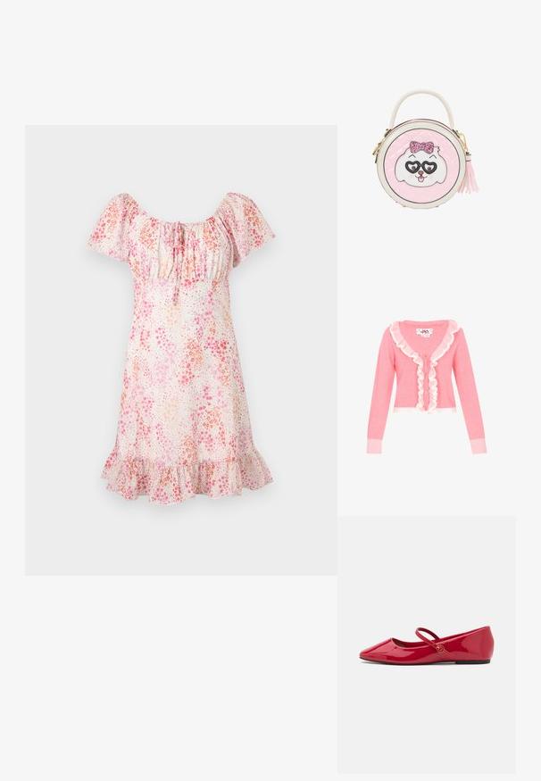 Lyserød cardigan med lange ærmer, V-udskæring og hvidt flæset trim ned langs forsiden. Har fem knapper samt ribbede mansjetter og kant.; Kort blomsterkjole med pufærmer, rynket halsudskæring og flæsekant i nuancer af pink og fersken på hvid baggrund.; Røde ballerinasko i laklæder med spids snude, ankelrem og en lille rund detalje på remmen. Flad sål og glat tekstur.; Rund lyserød håndtaske med hvidt og lyserødt hundefjæs med glitrende sløjfe og hjerteformede briller, et topgreb og en sidekvast lynlås træk.