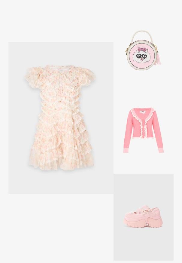 Cardigan rose avec des manches longues, en V, et un bord festonné blanc le long de l'avant. Comprend cinq boutons et des poignets et un ourlet côtelés.; Robe à motif floral dans des tons de rose pastel et de crème, dotée de volants superposés et de détails en dentelle. Manches courtes bouffantes et décolleté rond.; Bottines chunky à plateforme rose avec des boucles en forme de cœur double, un bord en dentelle et une semelle épaisse sculptée sur un fond blanc uni.; Sac à main rond rose avec un visage de chien blanc et rose portant un nœud pailleté et des lunettes en forme de cœur, une poignée supérieure et une tirette de fermeture éclair à pompon sur le côté.