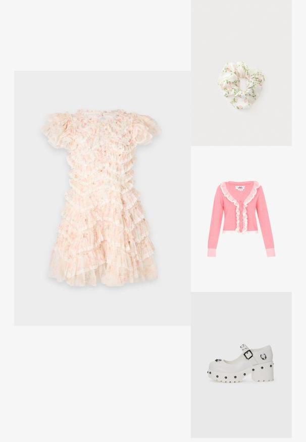 Roze cardigan met lange mouwen, V-hals en witte geplooide afwerking langs de voorkant. Voorzien van vijf knopen en ribbels aan de manchetten en de onderkant.; Bloemengestipt jurk in pastelroze en crème, met gelaagde volants en kantaccenten. Korte pofmouwen en een ronde halslijn.; Witte plateau schoenen met een ronde neus, gespsluiting en ronde studs. Getextureerde zool met een lichte hak en decoratieve hardware-details.; Witte stoffen scrunchie met roze bloemen en groene bladeren patroon op een lichte achtergrond.