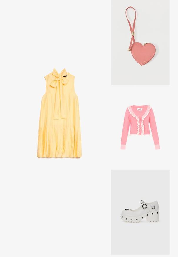 Roze cardigan met lange mouwen, V-hals en witte geplooide afwerking langs de voorkant. Voorzien van vijf knopen en ribbels aan de manchetten en de onderkant.; Mouwloze gele jurk met een hoge hals die met een strik is vastgemaakt en een geplooide zoom, plat gelegd op een witte achtergrond.; Witte plateau schoenen met een ronde neus, gespsluiting en ronde studs. Getextureerde zool met een lichte hak en decoratieve hardware-details.; Roze leren muntportemonnee in hartvorm met polsbandje en gouden rits, gebrandmerkt met kleine gouden tekst "Furla".
