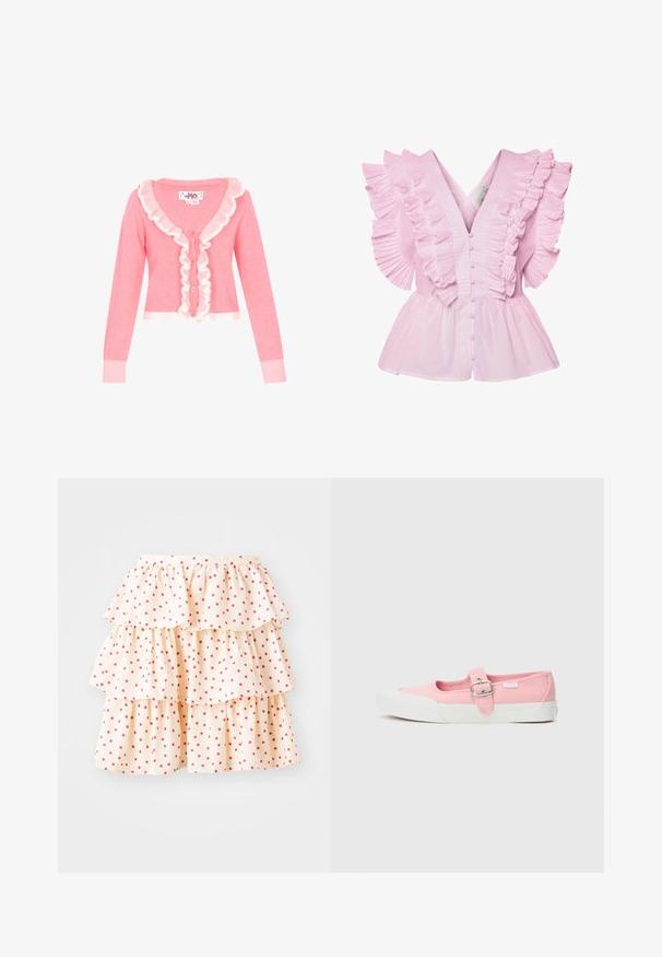 Cardigan rose avec des manches longues, en V, et un bord festonné blanc le long de l'avant. Comprend cinq boutons et des poignets et un ourlet côtelés.; Blouse rose clair avec des manches volantes et un décolleté en V. Elle possède une fermeture à boutons à l'avant et un buste ajusté qui s'évase en style peplum.; Jupe à volants en tissu crème clair avec des pois rouges. Elle présente trois couches de volants au bas et une taille élastique.; Chaussure en toile rose avec semelle plate, dotée d'une sangle et d'une boucle au milieu du pied. Semelle en caoutchouc blanche au design épuré et simple.