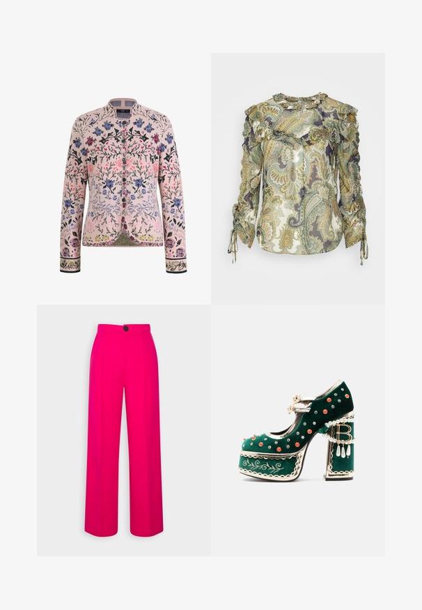 Strikket cardigan i blød lyserød med blomsterbroderi i blå, lilla og rød. Har rund halsudskæring og knaplukning.; Veronica Beard HOWELL BLOUSE - Bluse - green; Fuchsia brede bukser med høj talje, frontfald og en enkelt sort knaplukning. Glat tekstur og skræddersyet design.; Grøn fløjlsplatformsko med dekorative røde og sølvnitter, perleseler, guldkant, broderi og en blokhæl med dinglende perler og en "B"-vedhæng.