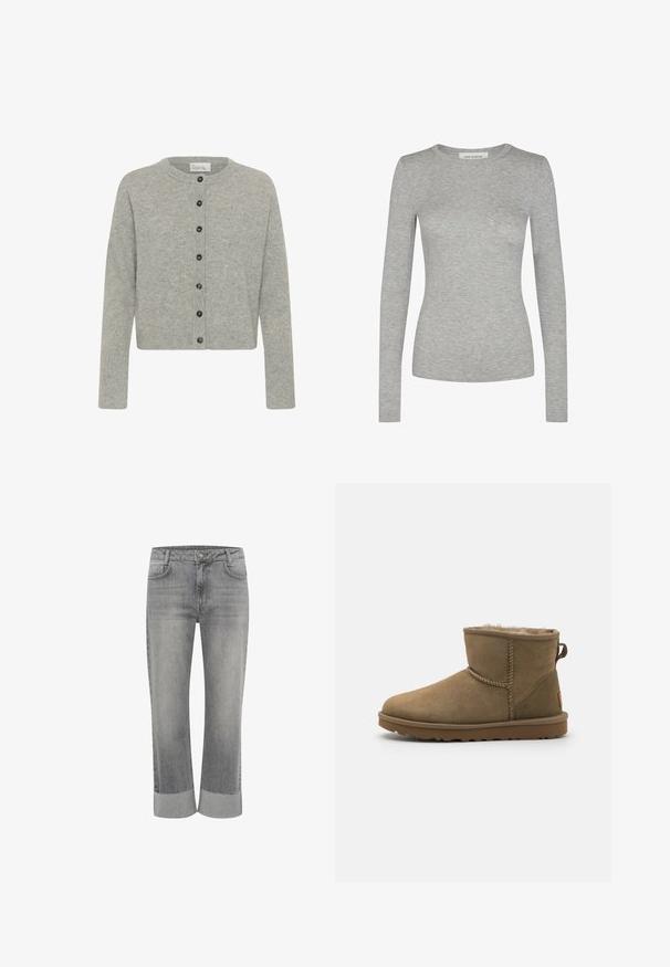 Lysegrå strikket cardigan med rund halsudskæring, ribstrikkede manchetter, knaplukning foran med sorte knapper og en kortet kant.; Sofie Schnoor SOFIE SCHNOOR - Langærmet T-shirt - grey mel; Grå denim jeans med lige ben, med foldet kant. Klassisk fem-lommestil og lukning med knap foran.; Brune ruskind ankelstøvle med en blød, fuzzy foring, rund tå og en løkkeaccent bagpå. Flad gummisål med struktureret greb.