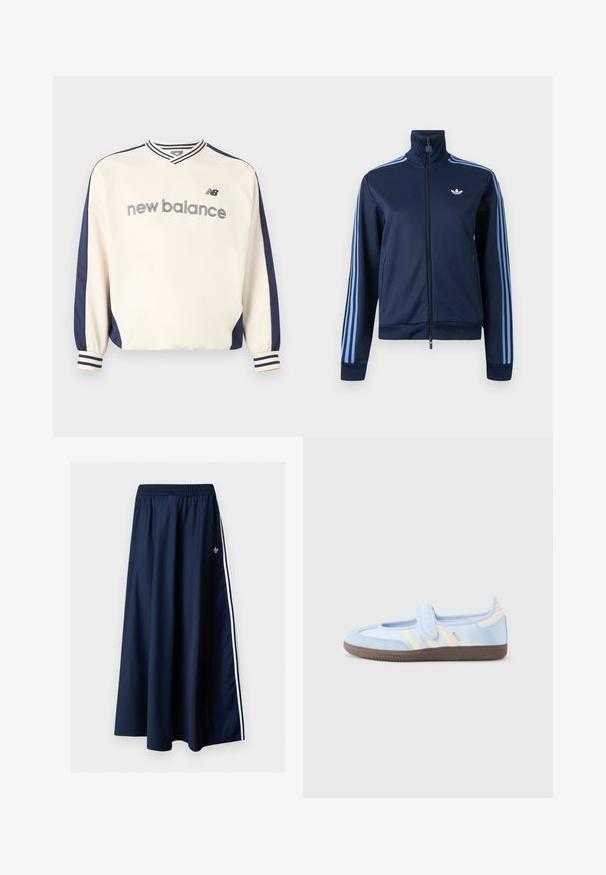 Veste de survêtement bleu marine zippée avec trois bandes bleu clair sur les manches et le logo trèfle Adidas sur la poitrine gauche.; Sweat-shirt New Balance à manches longues crème et marine avec poignets et col rayés, et texte « new balance » sur la poitrine.; Jupe longue bleu marine avec ceinture élastique, deux bandes blanches sur les côtés et un petit logo Adidas blanc sur le côté gauche.; Baskets bleu clair avec une sangle à velcro, des bandes crème sur les côtés, tige en tissu souple, semelle en caoutchouc marron texturée.