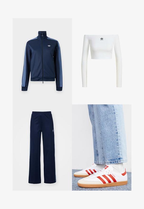 Marineblaue Trainingsjacke mit Reißverschluss, hellblauen drei Streifen an den Ärmeln und Adidas-Trefoil-Logo auf der linken Brust.; Weißes, schulterfreies Crop-Top aus Rippstoff mit langen Ärmeln und kleinem schwarzem Adidas-Logo auf der Vorderseite.; Helleblaue Baumwollmischung Trainingshosen mit weit geschnittenem Design, elastischem Bund und Reißverschlusstaschen, mit weißen Seitenstreifen und Logodetails.; Weiße Leder Sneaker mit roten Streifen und Akzenten. Verfügt über eine strukturierte Gummi-Laufsohle und einen gepolsterten Schaft. Tragen mit hellblauer Jeans.