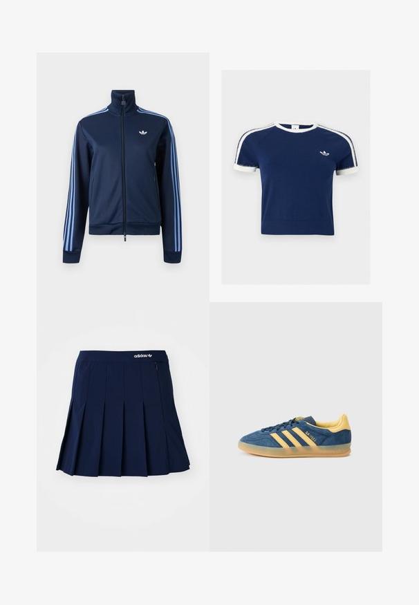 Marineblauwe trainingsjas met ritssluiting, lichtblauwe drie strepen op de mouwen en het Adidas trefoil-logo op de linkerborst.; Marineblauw T-shirt met korte mouwen, wit biesje aan de kraag en mouwen, witte strepen op de schouders en een klein wit Adidas-logo op de borst.; Marineblauwe plooienrok van lichtgewicht stof; heeft een elastische tailleband en een klein zipvak, met een wit Adidas-logo op de voorkant.; Blauwe suède sneaker met gele accenten, voorzien van drie gele strepen, een gestructureerde tong en een doorschijnende gumzool. Merknaam "Gazelle" is zichtbaar.