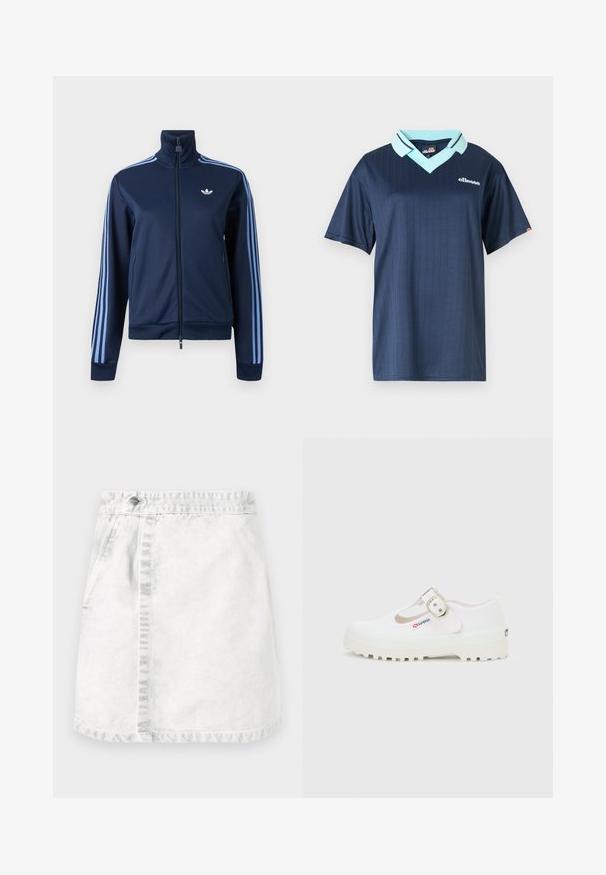 Chaqueta deportiva azul marino con cremallera, tres franjas en azul claro en las mangas y el logo trefoil de Adidas en el pecho izquierdo.; Polo de manga corta azul marino con cuello azul claro y patrón de rayas verticales. Cuenta con un logo de la marca en blanco en el pecho.; Falda de mezclilla en gris claro. Diseño en línea A con bolsillos frontales, una costura visible en el centro y un solo botón metálico en la cinturilla.; Zapato Mary Jane de lona blanca con suela gruesa y con dibujo, y hebilla plateada, con una pequeña etiqueta "Superga" en el lateral.