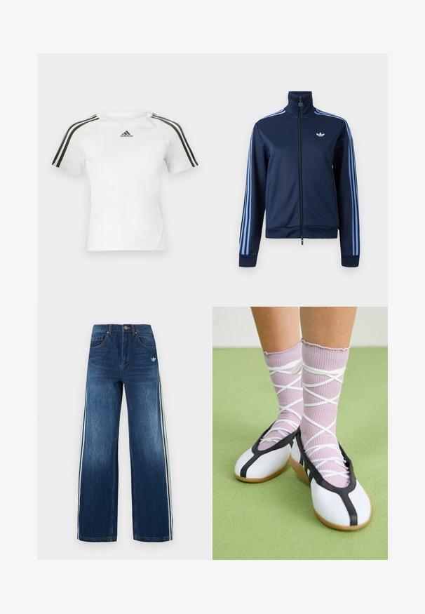 Chaqueta deportiva azul marino con cremallera, tres franjas en azul claro en las mangas y el logo trefoil de Adidas en el pecho izquierdo.; Camiseta atlética de manga corta blanca con diseño de tres rayas negras en los hombros, textura suave y un pequeño logo de adidas en negro en el pecho.; Vaqueros de pierna ancha de mezclilla, azul oscuro con rayas laterales azul claro, diseño de cinco bolsillos, cierre de botón metálico y cremallera, textura descolorida.; Piernas con calcetines lavanda acanalados con tiras blancas cruzadas combinados con bailarinas blancas con ribete negro sobre un suelo verde.
