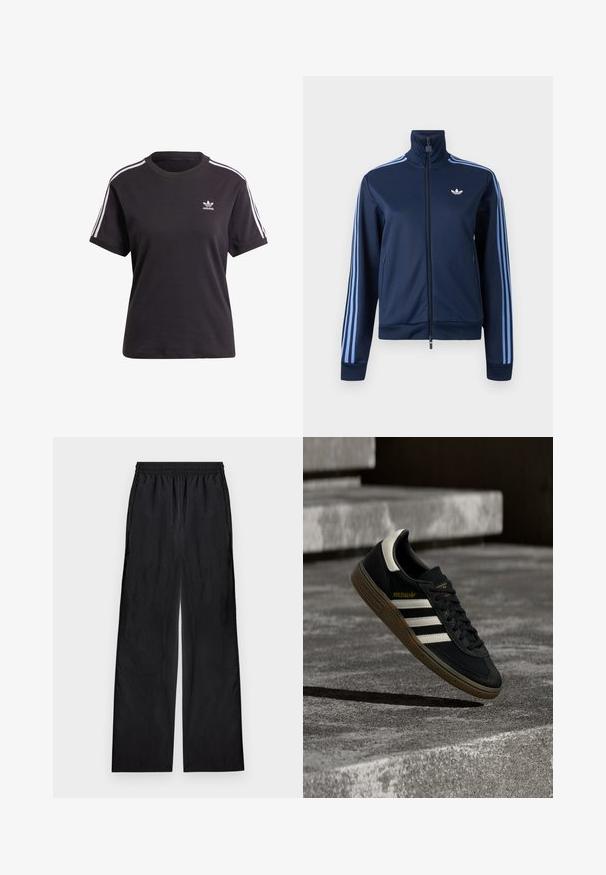 Navyblå zip-up træningsjakke med lyseblå tre striber på ærmerne og Adidas trefoil-logo på venstre bryst.; Sort bomulds t-shirt med korte ærmer og rund hals, der har hvide striber på skuldrene og et lille hvidt Adidas-logo på brystet.; Sorte bukser med vide ben og elastik i taljen, lavet af letvægtsstof, vist fladt på en lys baggrund.; Sort Adidas-sneaker med hvide striber og gummisåler, svævende over grå betontrapper i naturligt lys.