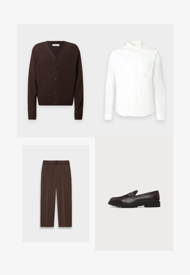 Cardigan marron en tricot doux, avec un col en V, fermeture par boutons, manches longues, et bordure et poignets côtelés.; Chemise blanche à manches longues avec boutons, en coton, dotée d'un col pointu et d'une poche unique sur le côté gauche de la poitrine. Texture lisse.; Pantalon marron avec une ceinture, présentant une taille haute, un devant plissé et des poches latérales ; fabriqué en tissu lisse et texturé.; Mocassin penny en cuir et daim marron foncé avec semelle épaisse en caoutchouc noir, profil latéral sur fond blanc.