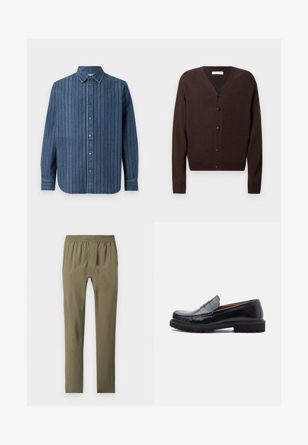 Bruine cardigan van zacht breimateriaal, met een V-hals, knoopsluiting, lange mouwen en geribde zoom en manchetten.; Samsøe Samsøe SADAMON SHIRT - Overhemd - denim; Olijfgroene slim-fit broek met elastische tailleband, twee zijzakken en een voorflapsluiting, plat gelegd op een witte achtergrond.; Zwarte leren penny loafer met chunky rubberen zool en moc-toe stiksel, in profiel weergegeven op een witte achtergrond.