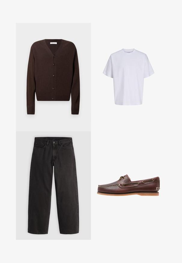 Cardigan marron en tricot doux, avec un col en V, fermeture par boutons, manches longues, et bordure et poignets côtelés.; T-shirt blanc uni oversize à manches courtes, col rond et coupe ample sur fond blanc.; Jean denim noir à coupe droite, cinq poches et passants pour ceinture, présenté à plat sur un fond clair uni.; Chaussure bateau en cuir marron avec coutures blanches, détails de lacets et semelle en caoutchouc beige, vue de côté sur fond blanc.