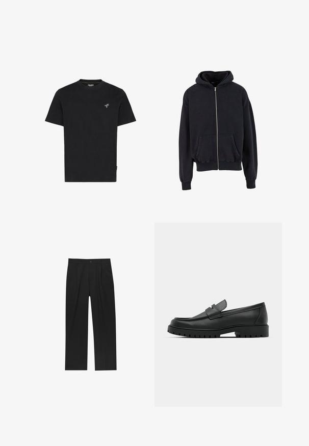 Mørkeblå lynlås hoodie lavet af blødt stof, med hætte, frontlommer og ribbede manchetter og kant. Subtil logo detalje på brystet.; Sort bomulds T-shirt med rund hals og korte ærmer, med en lille broderet grøn palmetræ på venstre bryst.; Sorte bukser med lige ben, lavet af et glat stof. Har frontfolder og en enkelt knaplukning i taljen.; Sorte læder loafers med rund tå, der har et syet design, lav platformssål og en struktureret, skridsikker gummisål.