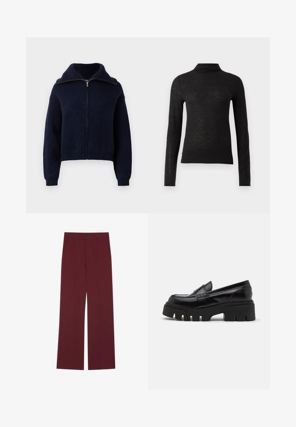 Námornícky modrý zipsový sveter s vysokým golierom, dlhými rukávmi a rebrovanými manžetami a lemom na bielom pozadí.; Čierny dlhý rukáv turtleneck top vyrobený z textúrovanej látky, charakterizovaný slim fit strihom a minimalistickým dizajnom bez viditeľných vzorov alebo kovových doplnkov.; Burgundske nohavice s širokým strihom, s uzatváraním na gombík, dvoma bočnými vreckami a prekladaným detailom na prednej strane. Hladká textúra látky.; Čierne kožené loafers so robustnou štruktúrovanou platformovou podrážkou a ozdobným remienkom cez hornú časť. Hladký, lesklý povrch.