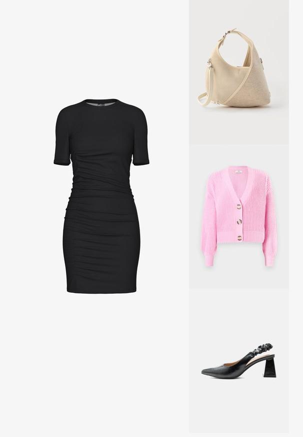 Rosa gestrickte Strickjacke mit V-Ausschnitt, langen Ärmeln und großen runden Knöpfen. Hat eine strukturierte Webart und einen cropped Saum.; Schwarzes Bodycon-Kleid aus dehnbarem Stoff, mit kurzen Ärmeln, runder Halslinie und gerafften Seitendetails für zusätzliche Textur.; Schwarzer Slingback-Schuh aus Leder mit spitzer Zehenpartie, gerafftem elastischem Riemen und klobigem trapezförmigem Absatz, Seitenansicht.; Beige handtasche in halbmondform mit gemischten stoffstrukturen, kurzem griff und abnehmbarem schulterriemen vor hellem hintergrund.