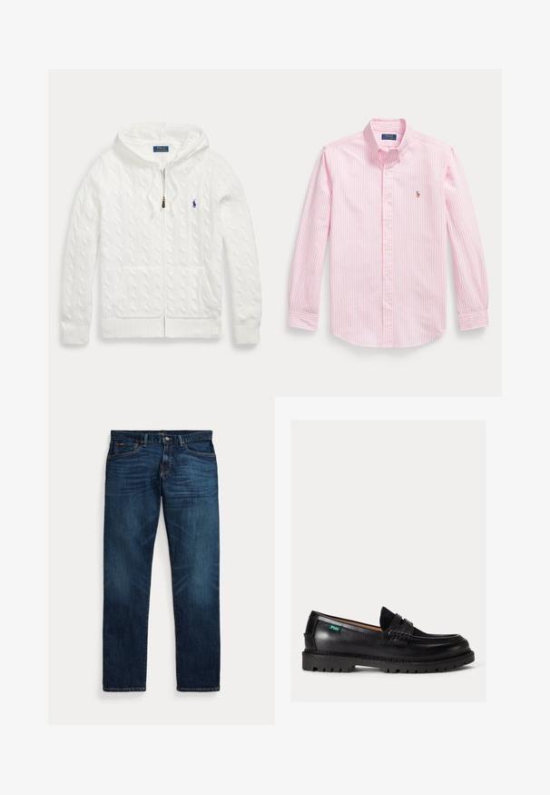 Biely pletený sveter s kapucňou na zips, predné vrecká a malé modré logo Polo Ralph Lauren na hrudi.; Svetloružová košeľa s dlhým rukávom na gombíky, biele vertikálne pruhy a malé vyšívané logo na ľavej strane hrude.; Tmavomodré riflové nohavice s jemným vyblednutím na stehnách a vreckách, zapínaním na gombík a zips a dizajnom s piatimi vreckami, rozložené na bielom pozadí.; Čierny kožený loafer s hrubou podrážkou, zaoblenou špičkou a zelenou štítkom s logom Polo na boku.