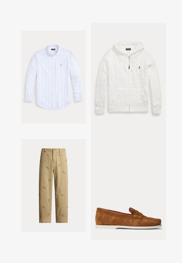 Biely pletený sveter s kapucňou na zips, predné vrecká a malé modré logo Polo Ralph Lauren na hrudi.; Košeľa s dlhým rukávom na gombíky, s bledomodrými zvislými pruhmi a malým vyšívaným logom na ľavej strane hrude.; Béžové kordurové nohavice s vyšívanými motívmi psov, rovný strih nohavíc, päťvreckový štýl s predným zapínaním na gombík.; Hnedý semišový loafer s bielou podrážkou, švy v štýle mokasínov a malým vyrazeným logom pri päte na jednofarebnom svetlom pozadí.