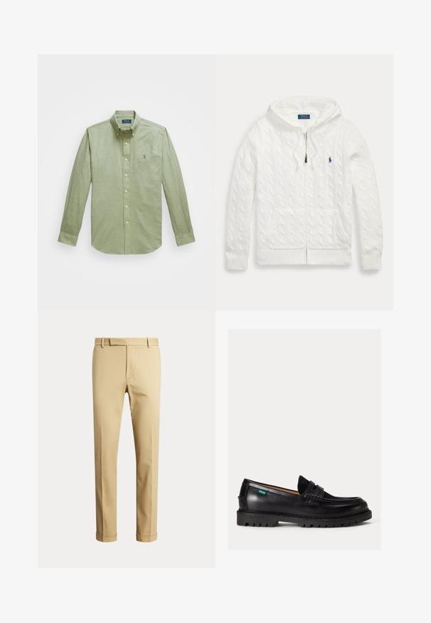 Sudadera blanca de punto trenzado con cremallera, bolsillos delanteros y un pequeño logotipo azul de Polo Ralph Lauren en el pecho.; Camisa verde claro de manga larga con botones, que presenta un cuello puntiagudo, un pequeño logotipo bordado en el pecho y botones de perla.; Pantalones beige de pierna recta con trabillas para cinturón, cremallera frontal y bajos con vuelta, mostrados sobre un fondo claro y liso.; Mocasín de cuero negro con suela gruesa, puntera redondeada y etiqueta verde con el logo Polo en el lateral.