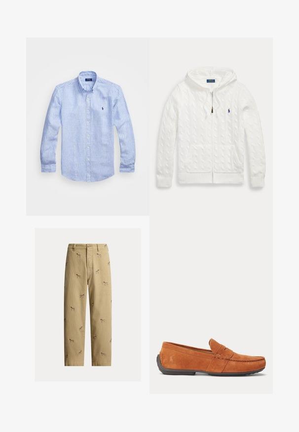Biely pletený sveter s kapucňou na zips, predné vrecká a malé modré logo Polo Ralph Lauren na hrudi.; Modrá a biela prúžkovaná košeľa s dlhými rukávmi vyrobená z bavlny, vybavená golierom na gombíky, prednými gombíkmi a malým vyšitým logom na hrudi.; Béžové kordurové nohavice s vyšívanými motívmi psov, rovný strih nohavíc, päťvreckový štýl s predným zapínaním na gombík.; Hnedé pánske semišové mokasíny s detailmi prešívania, otvorom na mincu na vrchu a tmavou gumovou podrážkou.