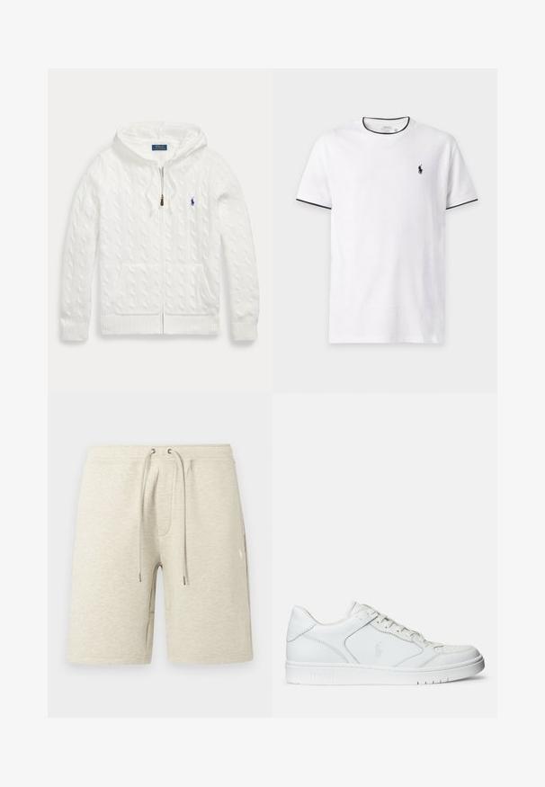 Witte kabelgebreide hoodie met rits, voorzakken en een klein blauw Polo Ralph Lauren-logo op de borst.; Witte T-shirt met korte mouwen en zwarte bies op de kraag en mouwen, met een klein zwart Polo Ralph Lauren-logo op de linkerborst.; Beige sportkorte broek gemaakt van textuurbuffer, met een elastische tailleband met koordje en zijzakken. Subtiele logodetail.; Witte leren sneaker met een gladde textuur, voorzien van een geperforeerde neus, vetersluiting en geborduurde logo aan de zijkant. Witte rubberen zool.