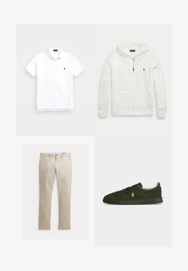 Weißer, kabelgestrickter Kapuzenpullover mit Reißverschluss, Fronttaschen und kleinem blauem Polo Ralph Lauren-Logo auf der Brust.; Weißes Poloshirt mit kurzen Ärmeln, Kragen und zwei Knöpfen, mit kleinem dunkelblau besticktem Logo auf der linken Brust.; Beige Baumwollhose mit geradem Bein, Fronttaschen, Gürtelschlaufen, Knopfverschluss und Reißverschluss, flach auf weißem Hintergrund dargestellt.; Dunkelgrüner Wildleder-Low-Top-Sneaker mit Schnürsenkeln, Polo Ralph Lauren Logo an der Seite und Fersenlasche, weißes Innenfutter und strukturierte Sohle.