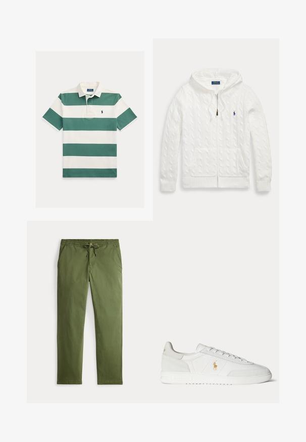 Biely pletený sveter s kapucňou na zips, predné vrecká a malé modré logo Polo Ralph Lauren na hrudi.; Polo tričko s krátkym rukávom s širokými horizontálnymi zelenými a bielymi pruhmi, bielym golierom a malým vyšívaným logom na hrudi.; Pánské olivově zelené volné kalhoty s elastickým pasem, šňůrkou na stažení, knoflíkovým zapínáním a bočními kapsami, vystavené na bílém pozadí.; Biela nízka teniska so šnurovaním, zlaté logo Polo Ralph Lauren na boku a textúrovaná podrážka na jednofarebnom pozadí.