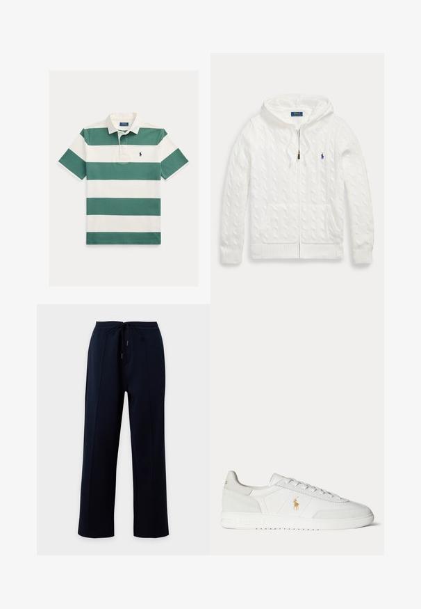 Biely pletený sveter s kapucňou na zips, predné vrecká a malé modré logo Polo Ralph Lauren na hrudi.; Polo tričko s krátkym rukávom s širokými horizontálnymi zelenými a bielymi pruhmi, bielym golierom a malým vyšívaným logom na hrudi.; Tmavomodré nohavice s širokými nohavicami, s šnúrkou v páse a detailmi švov pozdĺž prednej časti každej nohy, zobrazené na jednoliatom pozadí.; Biela nízka teniska so šnurovaním, zlaté logo Polo Ralph Lauren na boku a textúrovaná podrážka na jednofarebnom pozadí.