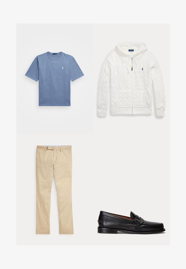 Hvid kabelstrikket lynlåshættejakke med forlommer og en lille blå Polo Ralph Lauren-logo på brystet.; Blå bomulds T-shirt med korte ærmer, rund hals og et hvidt broderet logo på venstre bryst. Glat tekstur, afslappet design.; Beige bukser med lige ben, bæltestropper og frontlynlås, lagt fladt mod en hvid baggrund.; Sort læderloafer med lav hæl og pennyremdetalje, vist fra siden på en lysegrå baggrund.