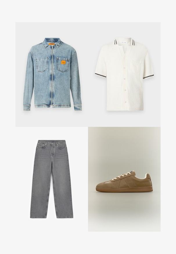 Hvid kortærmet skjorte i frotté med knapper, med en brystlomme og krave samt ærmekanter med sorte striber.; Lys blå denimjakke med fuld frontlynlås, to brystlommer og et lille orange Replay Inc. label på højre lomme og krave.; Grå bredbenede jeans lavet af denim, med et klassisk fem-lommers design, metalknaplukning og diskret syning.; Lavtop brun sneaker med ruskind- og læderpaneler, cremefarvede snørebånd og en flad gummisål, vist i sideprofil på neutral baggrund.