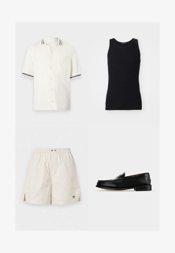 Chemise blanche en tissu éponge à manches courtes, boutonnée, avec une poche poitrine et un col et des poignets rayés noirs.; Débardeur noir en matériau lisse et extensible. Doté d'un col rond et sans manches, avec une coupe ajustée et un design simple.; Shorts beige à taille élastique avec fentes latérales, deux boutons métalliques et une petite étiquette de marque rectangulaire sur l'ourlet inférieur droit.; Mocassin homme en cuir noir avec un petit talon et une couture de style mocassin sur l'avant, vu de côté sur un fond uni.