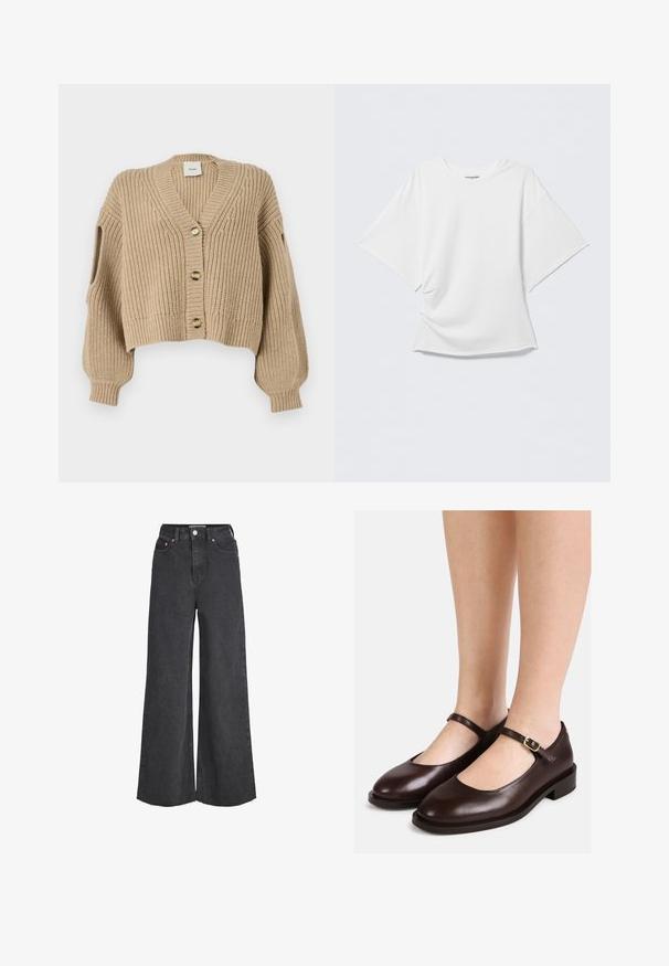 Beige gebreide cardigan met V-hals, knopen aan de voorkant, cropped lengte en drop shoulders. Textuurstof met ribbelpatroon en open mouwen.; Witte oversized T-shirt met korte mouwen en ronde hals, licht gerimpelde voorkant, getoond tegen een effen lichtgrijze achtergrond.; Zwarte high-waist jeans met wijde pijpen, sluiting aan de voorkant met knopen en rits, voorzakken en rafelige zoom.; Vrouw die donkerbruine leren Mary Jane-schoenen draagt met lage hakken en verstelbare gespsluitingen, staand tegen een witte achtergrond.