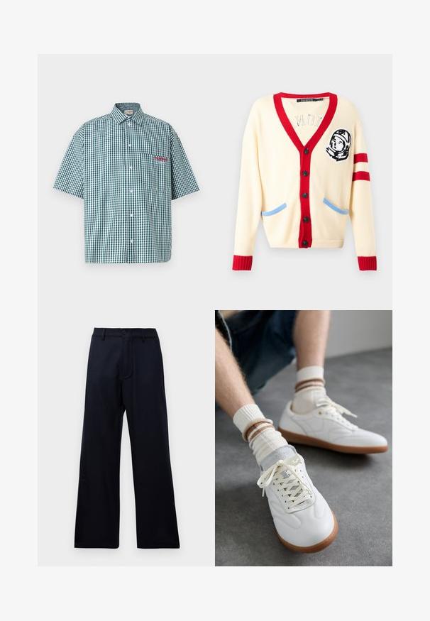 Cárdigan crema con cuello en V rojo, puños acanalados y detalles azules en los bolsillos. Presenta un bordado de astronauta en el pecho izquierdo. Seis botones negros.; Camisa de manga corta en un patrón de cuadros a cuadros verdes y blancos. Presenta un cierre con botones, cuello y un bolsillo en el pecho con bordado rojo.; Pantalones anchos de cintura alta negros con pasadores de cinturón, botón frontal y cierre de cremallera sobre un fondo blanco liso.; Zapatillas de cuero blanco con una textura suave, detalles en gamuza gris, suelas de goma beige y cordones planos. Combinadas con calcetines a rayas en tonos crema y marrón.