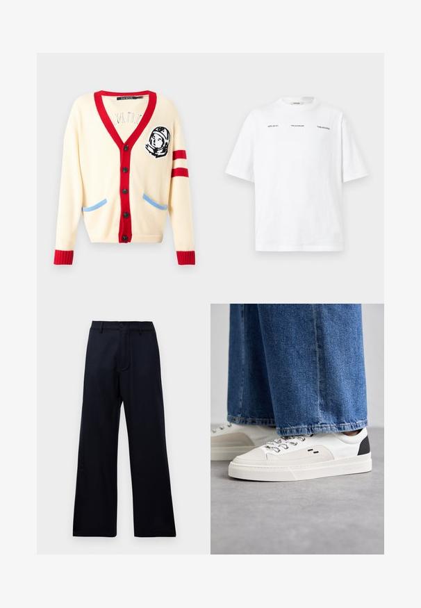 Cárdigan crema con cuello en V rojo, puños acanalados y detalles azules en los bolsillos. Presenta un bordado de astronauta en el pecho izquierdo. Seis botones negros.; Camiseta blanca de manga corta con pequeño texto negro "HZW (26-27)", "Holzweiler" y "'TABLESCAPES" en el pecho, mostrada sobre un fondo liso.; Pantalones anchos de cintura alta negros con pasadores de cinturón, botón frontal y cierre de cremallera sobre un fondo blanco liso.; Zapatillas blancas y negras con una parte superior de cuero suave, acentos texturizados y una suela blanca gruesa. Presenta un diseño clásico de cordones.