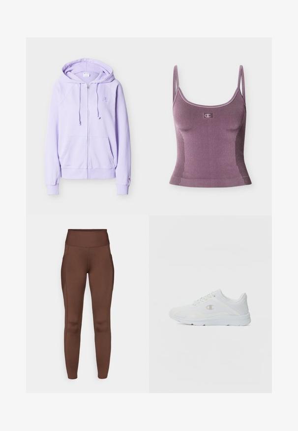 Sweat à capuche violet clair zippé avec cordons, poches frontales, poignets côtelés et un petit logo brodé sur la poitrine et la manche.; Débardeur violet côtelé avec fines bretelles et petit logo centré sous l'encolure sur fond uni.; Leggings marron extensibles avec une taille haute, dotés de poches latérales et d'une texture lisse. Les coutures soulignent la forme.; Baskets blanches avec une tige en mesh texturé, un col rembourré et un logo contrastant sur le côté. Comprend une semelle en caoutchouc légère.