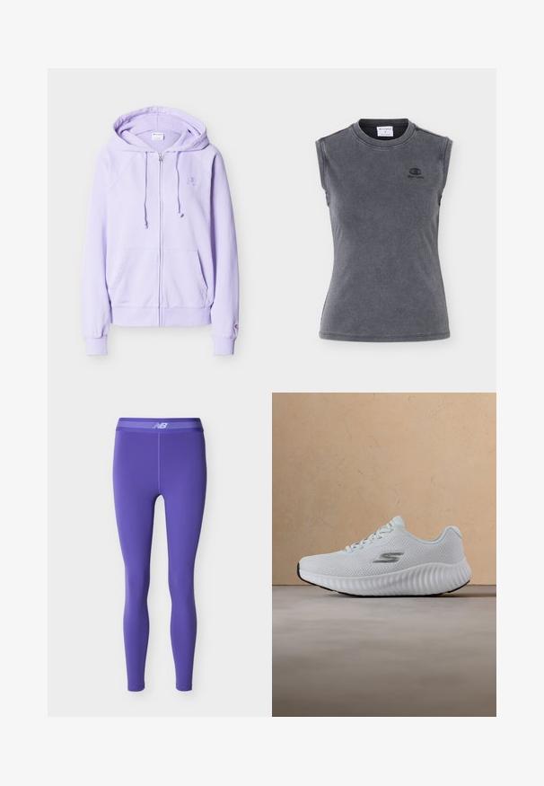 Sweat à capuche violet clair zippé avec cordons, poches frontales, poignets côtelés et un petit logo brodé sur la poitrine et la manche.; Débardeur sans manches gris foncé côtelé avec encolure ronde et petit logo Champion noir sur le côté gauche de la poitrine.; Leggings de sport longs violet avec une coupe ajustée et une taille élastique comportant un logo "NB" blanc et des bandes horizontales.; Baskets athlétiques blanches avec semelle texturée et dessus en maille, arborant un logo "S" argenté, flottant au-dessus d'un tapis beige et d'un fond de canapé.