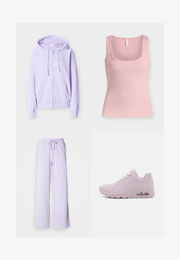 Lyse lilla hættetrøje med lynlås, snore, forlommer, ribbede manchetter og en lille broderet logo på brystet og ærmet.; Blød rosa ribstrikket ærmeløs tanktop med firkantet halsudskæring og brede skulderstropper.; Lyse lavendel sweatpants med vide ben, elastisk talje, justerbar snøre og sidelommer. Blødt stof med en glat tekstur.; Lyserød sneaker med en glat syntetisk overdel, perforerede detaljer, rund tå, snørebåndsdesign og en synlig luftdæmpningsenhed i sålen.