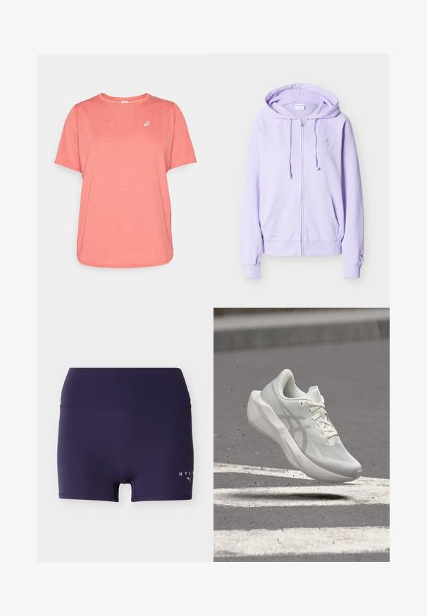 Svetlofialová mikina na zips s kapucňou a šnúrkami, prednými vreckami, rebrovanými manžetami a malým vyšívaným logom na hrudi a rukáve.; ASICS ROAD TOP - Športové tričko - dark pink clay; Tmavomodré priliehavé športové šortky so širokým pásom a malým logom Puma Hyrox na spodnej pravej nohe.; Biela bežecká obuv s hrubou podrážkou a sieťovaným zvrškom, ktorá visí nad asfaltovou cestou s bielymi značkami a malým odpadom.