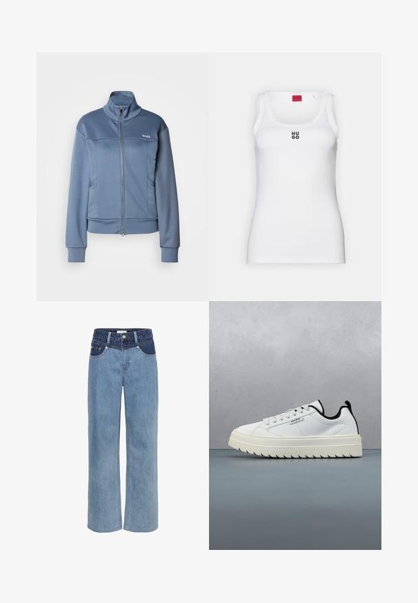 Blå zip-up jakke lavet af et blødt, glat stof. Har en høj krave, sidelommer og "BOSS" logoet i hvidt på brystet.; Hvid tanktop lavet af bomuld, med et enkelt design og en rund halsudskæring samt et sort "HUGO" logo i midten. Glat tekstur.; Lyseblå denim bukser med vid ben, højt liv, fem lommer og en kontrasterende mørkeblå lap foran.; Hvide lædersneakers med en chunky, struktureret sål med et tandet design. Sorte detaljer på hælen og tungen giver kontrast.