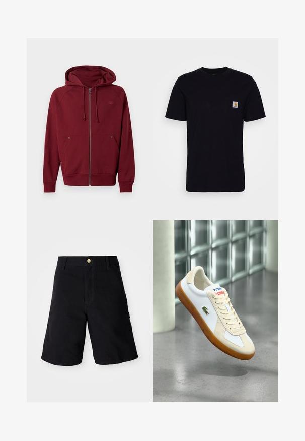 Sweat à capuche zippé couleur bordeaux avec cordons de serrage, poches avant, poignets et ourlet côtelés, et un logo discret sur la poitrine gauche.; T-shirt en coton noir à manches courtes, col rond et poche poitrine avec un petit patch logo carré. Design simple et uni.; Shorts en denim noir avec une fermeture à bouton, présentant une coupe droite, des poches latérales et des coutures renforcées pour plus de durabilité.; Baskets en cuir blanc avec accents en daim beige, lacets crème et semelle en caoutchouc marron. Présentent un logo vert sur le côté et un marquage coloré.