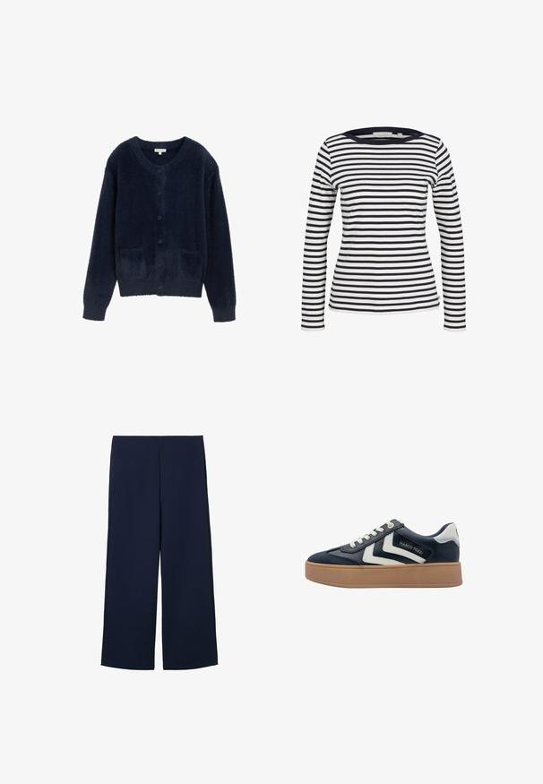 Marineblå, fluffy cardigan lavet af blødt materiale, med en rund halsudskæring, frontknapper og to påsyede lommer.; TOM TAILOR DENIM Langærmet T-shirt - navy/white; Marineblå brede bukser lavet af letvægtigt stof, med et rent design og lige snit, forsynet med sidelommer og uden synlige lukninger.; Lav platform navy blå sneaker med hvide chevron detaljer, hvide snørebånd og en lysebrun sål, mærket Marco Tozzi.